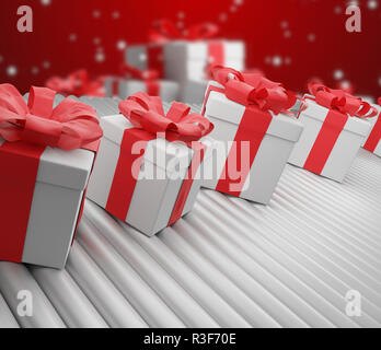 Rangée de boîtes cadeaux de Noël sur la courroie du convoyeur 3d-illustration Banque D'Images