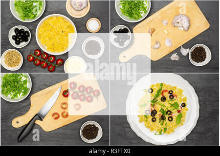 Étape par étape la recette farfalle avec feuilles de roquette sur flatlay pierre gris Banque D'Images