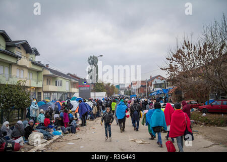 BAPSKA, Croatie - 24 octobre 2015 : foule de réfugiés en attente de s'inscrire et entrer en Serbie à la frontière avec la Macédoine sur la Route des Balkans, au cours de réfugiés Banque D'Images