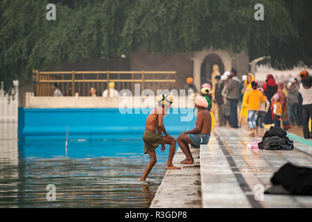 AMRITSAR - PUNJAB - INDE. 13 novembre 2017. Certains religieux sikh prendre un bain purificateur dans le lac entourant le temple d'or d'Amritsar, en Inde. Banque D'Images