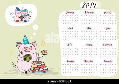 Calendrier 2019 avec drôle et mignon de porc cochon,symbole de la nouvelle année Illustration de Vecteur