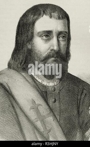 Juan Alfonso de Carvajal (siglo XIV). Caballero y Comendedor de la Orden de Calatrava y servidor del Rey Fernando IV de Castille. Condenado a muerte junto a su hermano Pedro Alfonso por el propio rey en 1312. Dibujo por Berr. Retrato, detalle. Litografía. Crónica general de España, Historia Ilustrada Descriptiva y de sus Provincias. L'Andalousie, 1869. Biblioteca Histórico Militar de Barcelone, Catalogne, Espagne. Banque D'Images