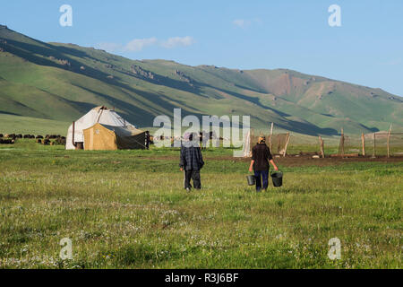 Nomad camp de yourte, Song Kol Lac, province de Naryn, du Kirghizistan, de l'Asie centrale Banque D'Images