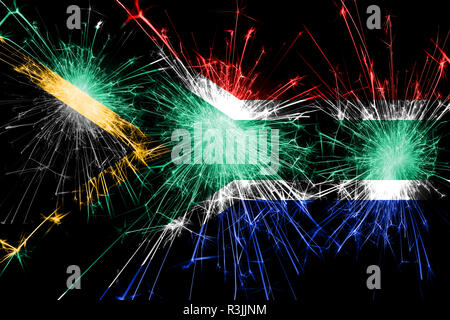 L'Afrique du Sud drapeau mousseux d'artifice. Nouvelle année, Noël et le concept de la fête nationale Banque D'Images