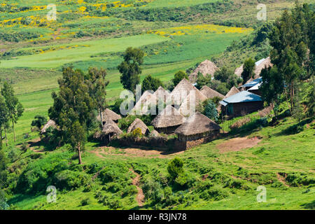 Maisons de village traditionnel avec les terres agricoles, entre Addis-Abeba et Bahir Dar, Ethiopie Banque D'Images