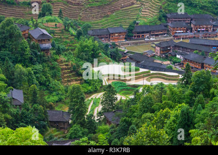 Maisons de village et des terrasses de riz dans la montagne, Dazhai, Guangxi Province, China Banque D'Images