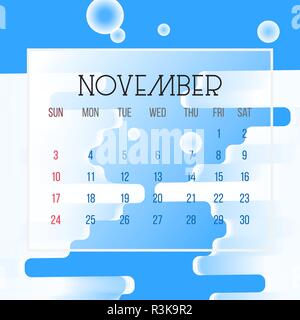 Calendrier Novembre 2019 - Feuille d'illustration. Page graphique de vecteur avec résumé fond couleur bleu Illustration de Vecteur