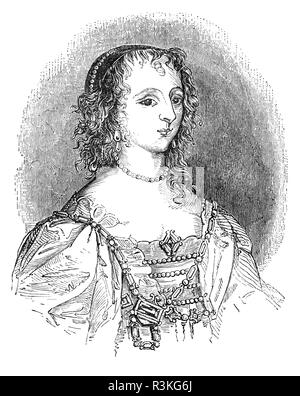 Henrietta Maria de France (1609-1669) fut reine consort d'Angleterre, d'Écosse et d'Irlande en tant qu'épouse du roi Charles I. Elle était mère de ses deux successeurs immédiats, Charles II et Jacques II/VII. En même temps, par un décret de son mari, elle était connu en Angleterre comme Reine Marie, mais n'a pas aimé ce nom et signé ses lettres 'Henriette R'. Son Catholicisme romain a fait son impopulaire en Angleterre et interdit d'être couronné dans un service de l'Église d'Angleterre ; c'est pourquoi elle n'a jamais eu un couronnement. Quand la guerre civile a pesé sur l'horizon, et a été obligé de se réfugier en France en 1644. Banque D'Images