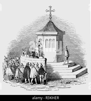 Un bon sermon du vendredi à St Paul's Cross, une prédication croix et chaire en plein air dans le parc de l'ancienne Cathédrale St Paul, ville de Londres. C'était la plus importante chaire de Tudor et Stuart précoce de l'Angleterre, et beaucoup des déclarations les plus importantes sur le plan politique et religieux, les changements apportés par la réforme, ont été rendus publics d'ici. La chaire se tenait dans la cour 'Croix', l'espace ouvert sur le côté nord-est de Saint Paul's Churchyard, mais il a été détruit par des Puritains en 1643 pendant la Première Guerre Civile Anglaise. Banque D'Images