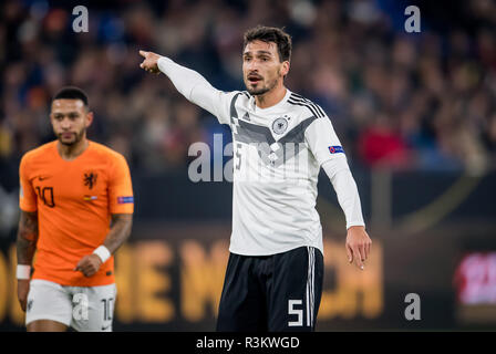 Gelsenkirchen, Allemagne. 19 Nov, 2018. 19 Novembre 2018 : Gelsenkirchen Veltins Arena : UEFA Football Ligue 6 Nations Unies. journée : Allemagne - Pays-Bas : Germanys Mats Hummels. Crédit : Thomas Eisenhuth | utilisée dans le monde entier/dpa/Alamy Live News Banque D'Images