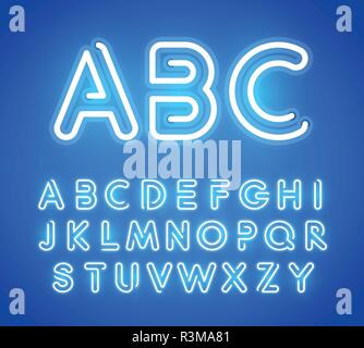 Jeu de lettres de néon bleu. Rougeoyant lumineux Font. L'alphabet de néons lumineux. Pour l'ABC Casino Bar, modèle d'affiche. Typographie moderne Design. Illustration de Vecteur