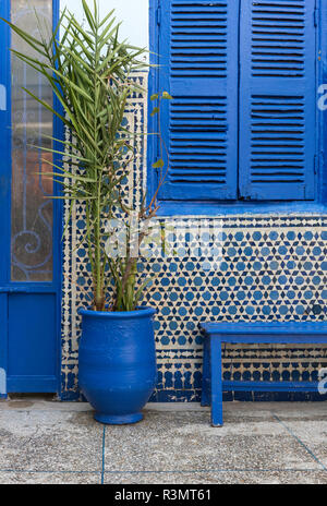 Cache-pot bleu et mosaïques murales à Salat Al Azama (Lazama) Synagogue, Marrakech (Marrakech, Maroc) Banque D'Images