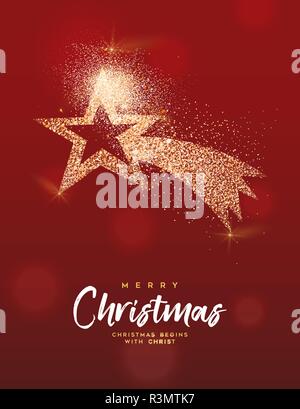 Joyeux Noël carte de voeux illustration de luxe, le golden star en or texture glitter festif sur fond rouge avec texte de citation. Illustration de Vecteur