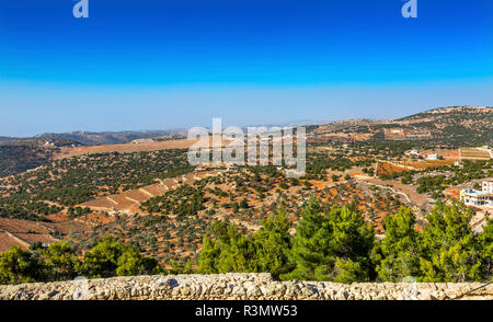 Vue depuis Qalat ar-ancienne forteresse arabe enragés Château Ajlun Jordanie. L'arabe ancien château construit en 1184-1185 pour contrer la menace des croisés. Banque D'Images