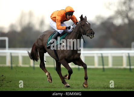 Erick Le Rouge monté par Chester Williams remporte la mise en liberté sous condition de Sodick Jockeys' Handicap Hurdle à l'hippodrome de Warwick Banque D'Images