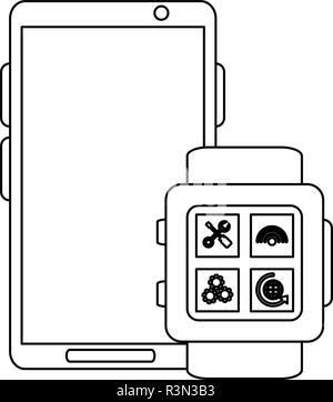 Smartwatch et Smartphone grâce à des applications en noir et blanc Illustration de Vecteur