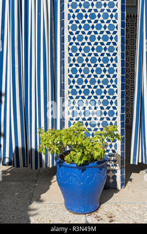 Cache-pot bleu et mosaïques murales à Salat Al Azama (Lazama) Synagogue, Marrakech (Marrakech, Maroc) Banque D'Images