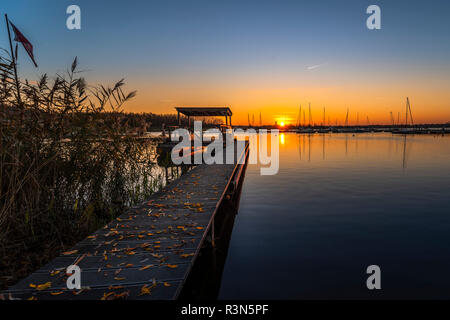 Sonnenuntergang am Cospudener See, Zöbigker Hafen, Abend im novembre, Leipzig Böhlen, Allemagne Banque D'Images