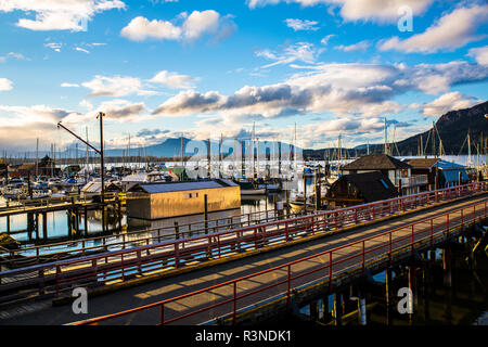 Cowichan Bay, Colombie-Britannique, île de Vancouver, Canada. Rampes dock Long conduire à des péniches, des bateaux de plaisance avec une vue sur les montagnes et les îles Banque D'Images