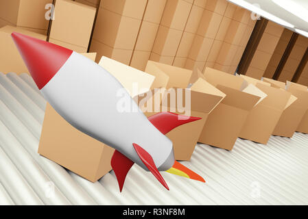 Une fusée avec une rangée de cadeaux de Noël et la livraison des boîtes sur convoyeur à bande 3d-illustration Banque D'Images