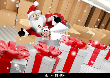 Père Noël avec une rangée de cadeaux de Noël et la livraison des boîtes sur convoyeur à bande 3d-illustration Banque D'Images