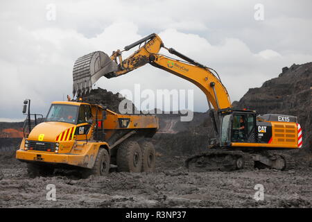 Une chenille 349E chargement de camions à benne sur le Recycoal,usine de recyclage de charbon à Rossington,Doncaster. qui a été démoli. Banque D'Images