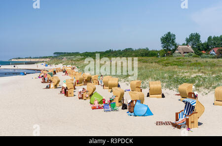 Plage de la Mer Baltique avec un Strandkoerben (chaises de plage). Sur la péninsule de Wustrow Fischland. L'Allemagne, l'West-Pomerania Banque D'Images