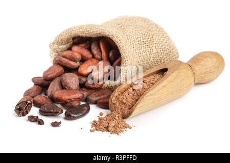 Les fèves de cacao dans le sac avec la poudre de cacao en écope isolé sur fond blanc Banque D'Images