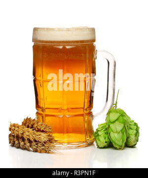 Verre de bière mousseuse avec cônes de houblon et de blé isolé sur fond blanc Banque D'Images