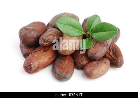 Fève de cacao non pelées avec feuille isolé sur fond blanc macro vue du dessus Banque D'Images