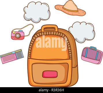 Éléments de voyage sacs à dos et le point avec chapeau caméra et des billets avec fond blanc vector illustration graphic design Illustration de Vecteur