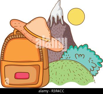 Éléments de voyage sacs à dos et le point avec chapeau avec paysage de montagne vector illustration graphic design Illustration de Vecteur