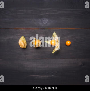 Les physalis, disposés sur un fond rustique noir, vue du dessus, des aliments sains, les fruits exotiques Banque D'Images