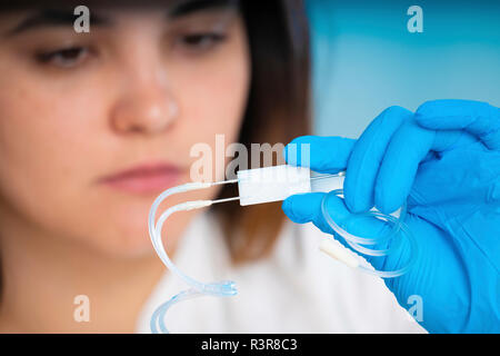 Technicien travaillant avec un laboratoire sur puce microfluidique. Banque D'Images