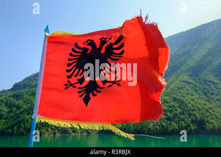 L'Albanie, Shkoder, lac Koman, drapeau albanais Banque D'Images