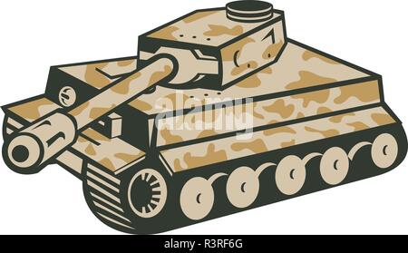 Illustration de style rétro de l'allemand seconde guerre mondiale char de combat panzer camouflé visant son canon vers le côté isolé sur fond. Illustration de Vecteur