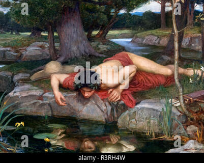Narcisse regardant son reflet dans l'eau dans un tableau intitulé "Echo et Narcisse" de John William Waterhouse (1849-1917), huile sur toile 1903. Détail d'une œuvre plus importante, R3RH4N Banque D'Images