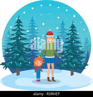 Mère et fille avec des vêtements d'hiver dans la région de timber Ridge Illustration de Vecteur