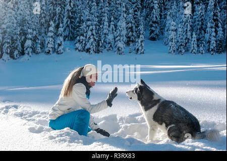 L'Autriche, Altenmarkt-Zauchensee, young woman with dog in snow Banque D'Images