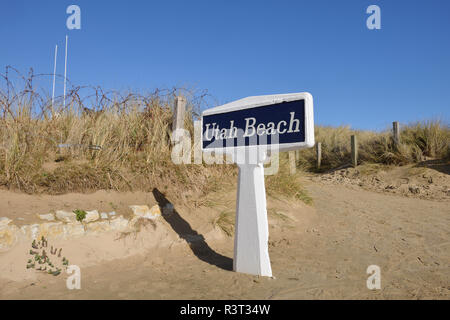 France, Basse-normandie, Manche, Sainte Marie du Mont, Utah Beach, barbelés et signer d'Utah Beach Banque D'Images