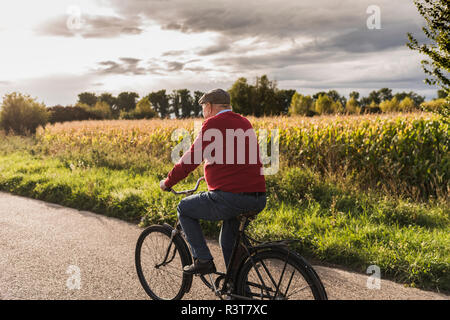 Senior man riding bicycle on country lane Banque D'Images