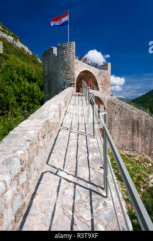 La Grande Muraille et drapeau croate sur forteresse, Ston, côte dalmate, en Croatie Banque D'Images