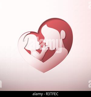 Mère tenant un bébé avec son bras en papier en forme de coeur silhouette en style art Illustration de Vecteur