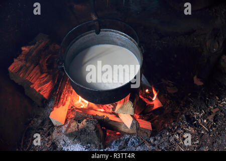 La Roumanie, la Bucovine, Suceava, berger local et l'artisan de faire de la polenta. Banque D'Images