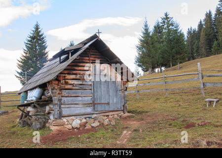 La Roumanie, la Bucovine, Suceava, berger local's cabin sur flanc de montagne. Banque D'Images