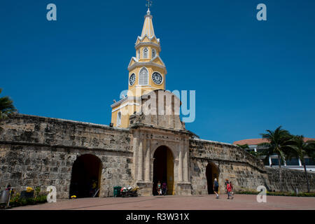 L'Amérique du Sud, Colombie, Cartagena. Vieille Ville historique fortifiée le centre-ville, à l'UNESCO. Clock Tower Gate, aka Torre del Reloj. Banque D'Images