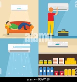 Filtre à air conditioner remote évent bannière concept défini. Télévision illustration de 4 filtre à air onditioner vecteur distant de ventilation horizontale bannière web concepts de Illustration de Vecteur