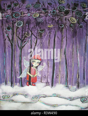 Elf en vêtements rouge entre les arbres enneigés. Peinture acrylique sur toile. Illustration du Nouvel An. Banque D'Images