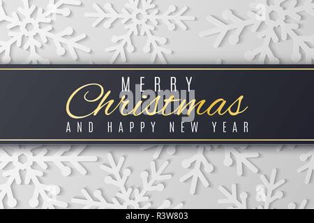 Carte de vœux de Noël. Flocons blanc coupé de papier. Bonne année 2019. Des fêtes saisonnières bandeau web. Étiquette noire avec du texte. Vector illustrati Illustration de Vecteur