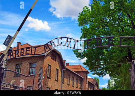 Entrée du camp de concentration Nazi à Auschwitz, en Pologne. En vertu de l'inscription Arbeit macht frei (le travail vous rendra libre). Banque D'Images